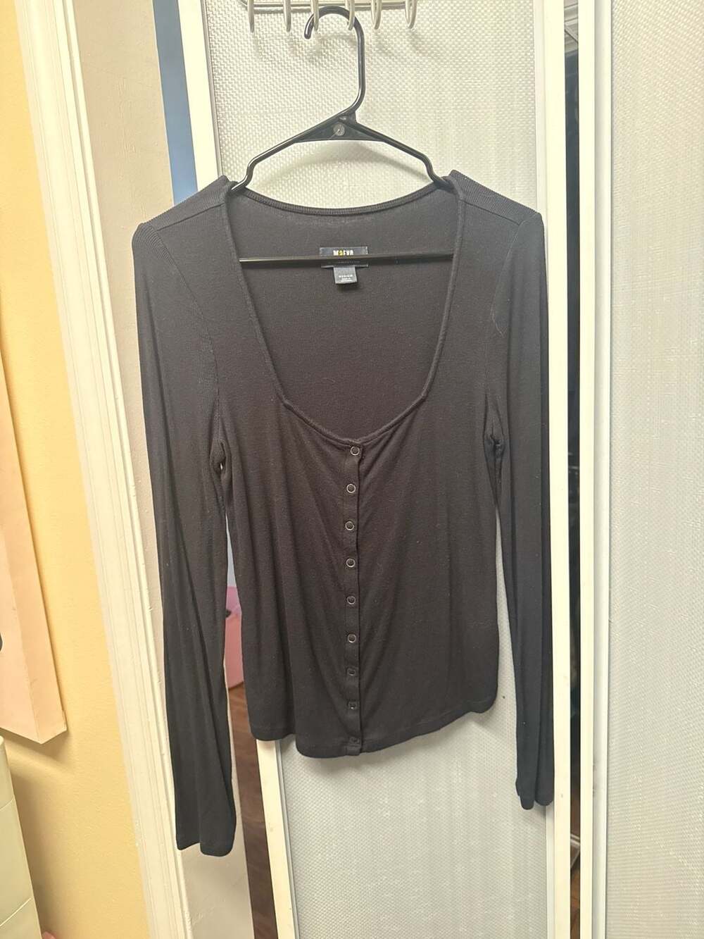Maeve by Anthropologie Black Square Neck Ribbed Henley Long Sleeve Top